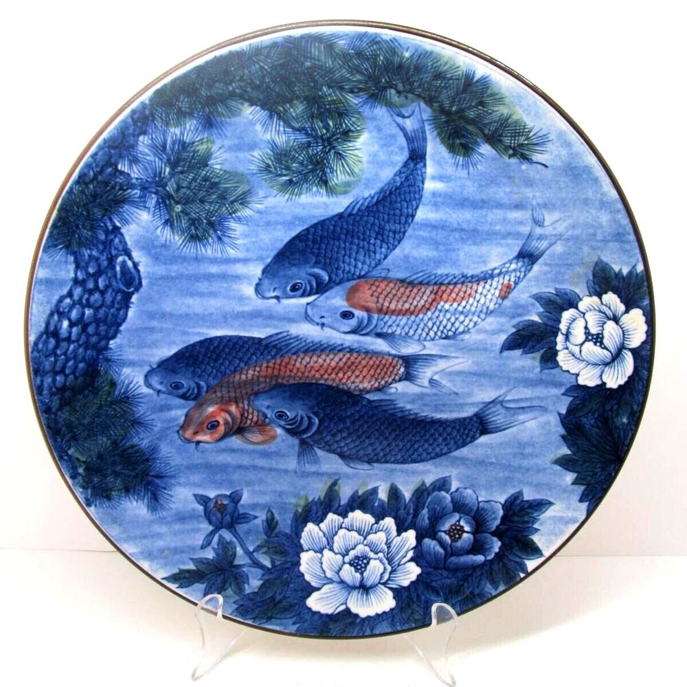 Vintage Japanese Toyo Koi Fish Blue Round Platter 12.5" Lotus Flower Excellent
